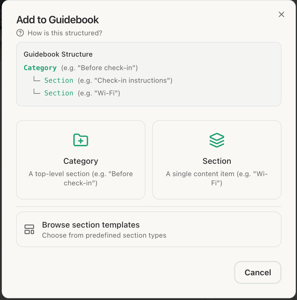 screenshoto of the section picker dialog
